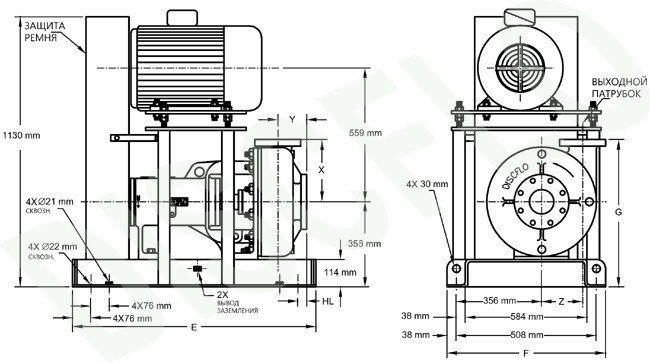 Дисковый насос DISCFLO, модель 356 мм., в исполнении c клиноременным приводом. Расположение двигателя над насосом (over / under design).