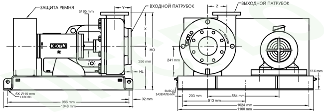 Дисковый насос DISCFLO, модель 356 мм., в исполнении с клиноременным приводом. Расположение двигателя сбоку от насоса (side by side design).